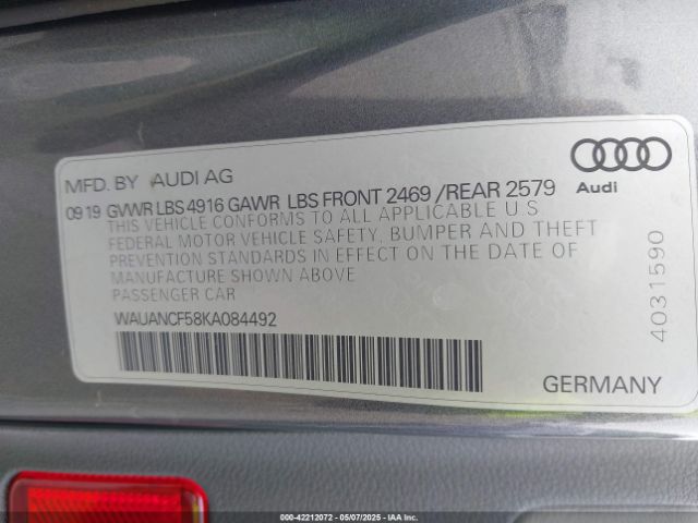 WAUANCF58KA084492 Audi 2019