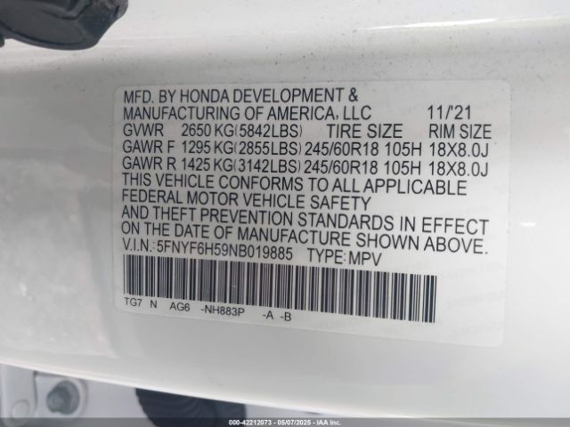 5FNYF6H59NB019885 Honda Pilot Awd Ex-l