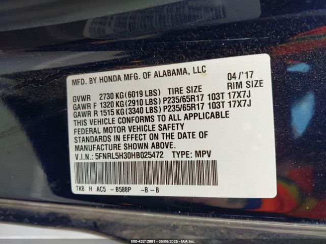 5FNRL5H30HB025472 Honda ODYSSEY SE