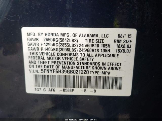 5FNYF6H39GB021220 Honda Pilot Ex