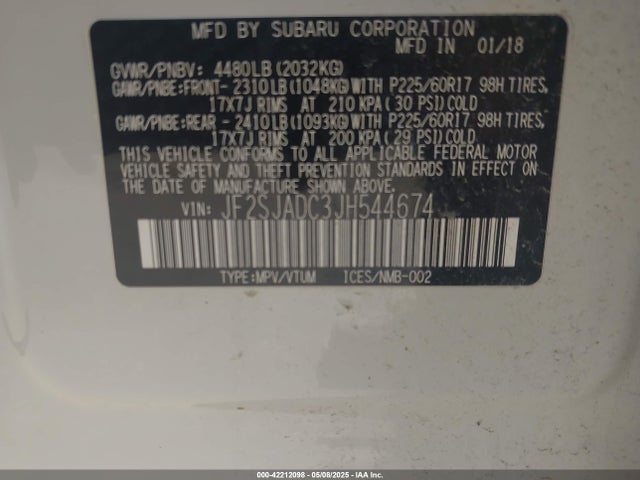 Subaru naturally aspirated u5 2018 JF2SJADC3JH544674 Image 9