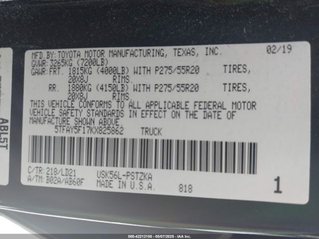 5TFAY5F17KX825862 Toyota Tundra 1794 5.7l V8