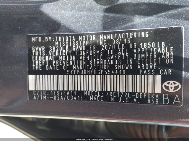 5YFBURHE8GP554419 Toyota COROLLA L