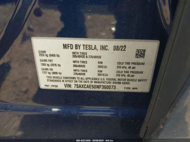 2022 TESLA MODEL X 7SAXCAE50NF360073 Photo 8