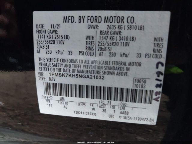 1FMSK7KH5NGA21032 Ford Explorer St-line
