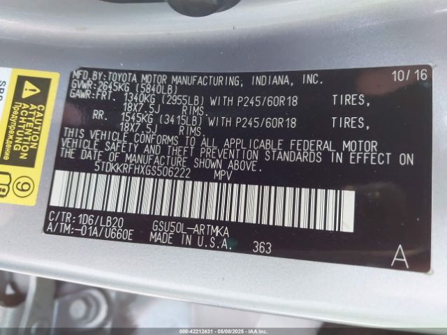 5TDKKRFHXGS506222 Toyota Highlander Xle V6