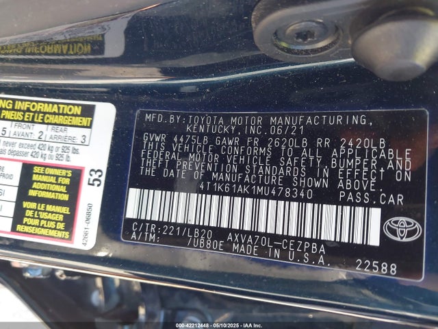 Aukcja sprzedaży 2021 Toyota Camry Xse, vin: 4T1K61AK1MU478340, numer aukcji: 42212448