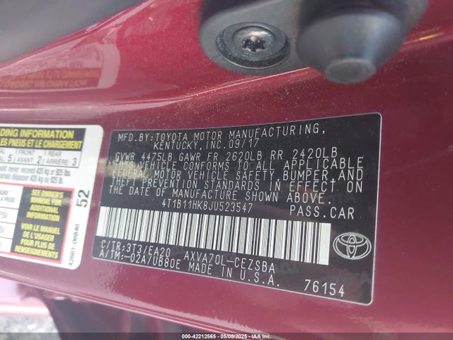 4T1B11HK8JU523547 Toyota CAMRY SE
