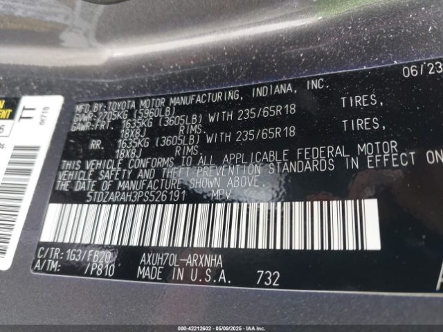 5TDZARAH3PS526191 Toyota Highlander Hybrid Le