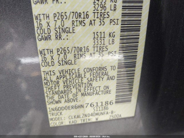 1N6DD0ER6HN761186 Nissan Frontier Sv