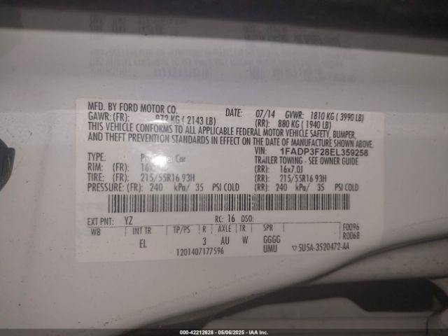 1FADP3F28EL359258 Ford FOCUS SE