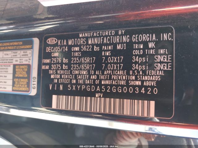5XYPGDA52GG003420 KIA Sorento 3.3l Lx