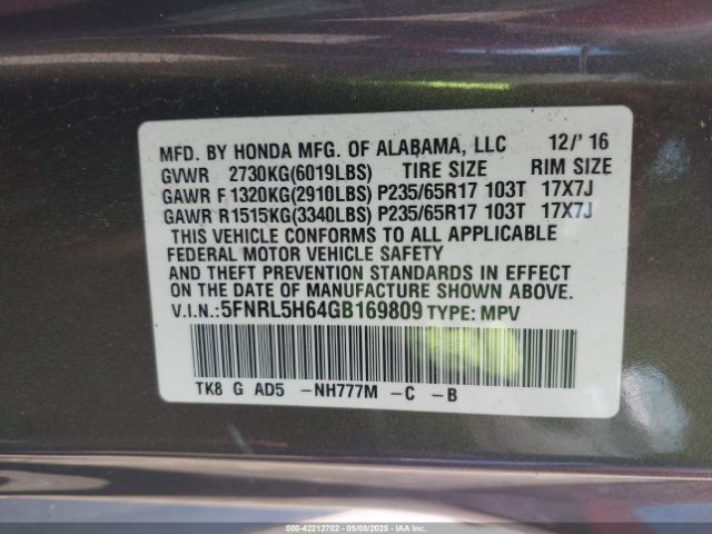 5FNRL5H64GB169809 Honda Odyssey Ex-l