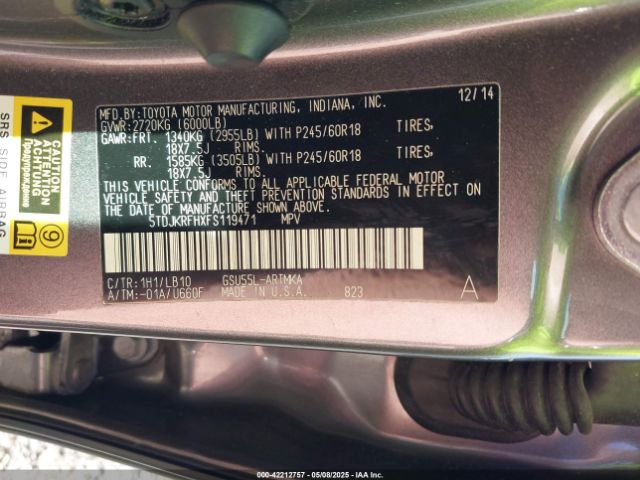 5TDJKRFHXFS119471 Toyota Highlander Xle V6