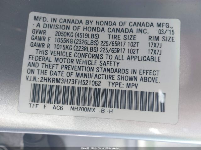 2HKRM3H73FH521062 Honda Cr-v Ex-l