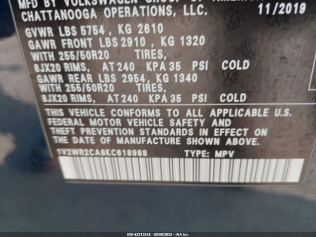 2019 VOLKSWAGEN ATLAS 1V2WR2CA8KC618988 Photo 8
