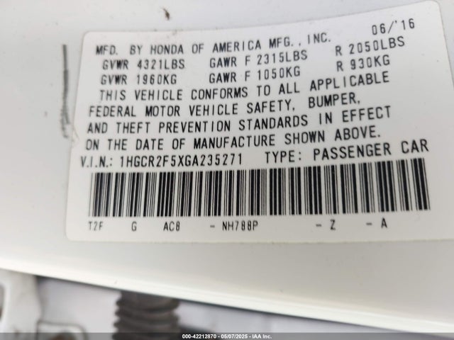 1HGCR2F5XGA235271 Honda k24w1