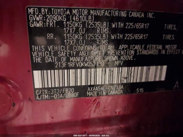 2T3F1RFV0KW052130 Toyota RAV4 LE