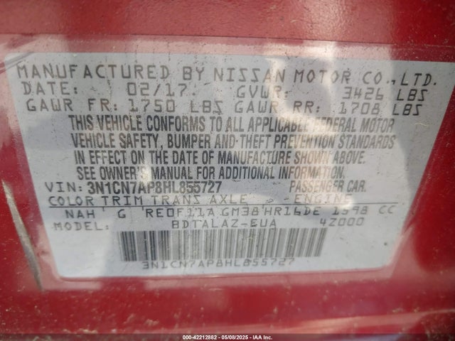 3N1CN7AP8HL855727 Nissan Versa 1.6 S+