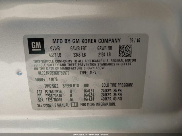 KL7CJNSB3GB759579 Chevrolet Trax 1ls