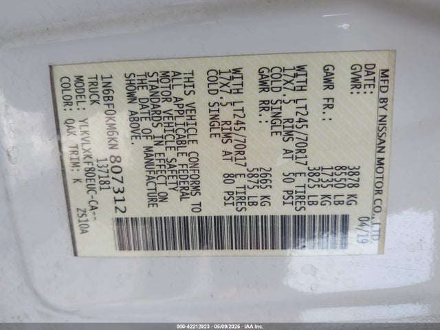 1N6BF0KM6KN807312 Nissan Nv Cargo Nv1500 Sv V6