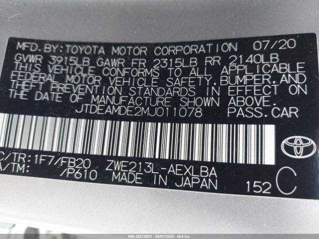 JTDEAMDE2MJ011078 Toyota Corolla Hybrid Le