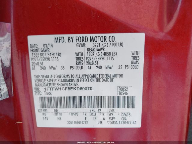 1FTFW1CF8EKD80070 Ford F-150 Lariat