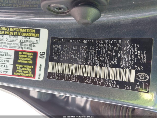 2T1BURHE1FC393409 Toyota COROLLA LE