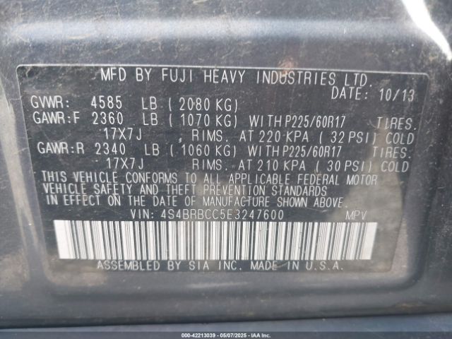 4S4BRBCC5E3247600 Subaru Outback 2.5i Premium