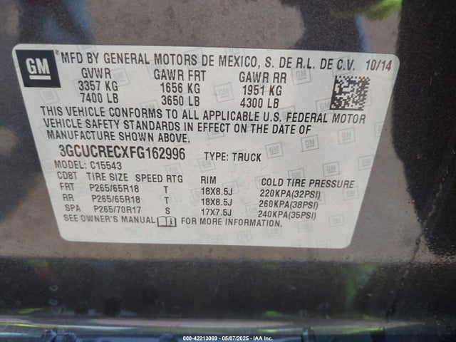 3GCUCRECXFG162996 Chevrolet l83 - vvt, active fuel management, aluminum