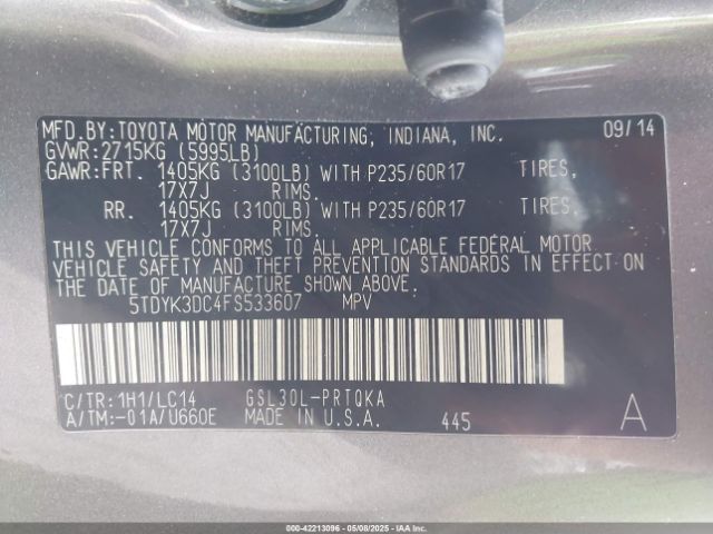 5TDYK3DC4FS533607 Toyota Sienna Xle 8 Passenger