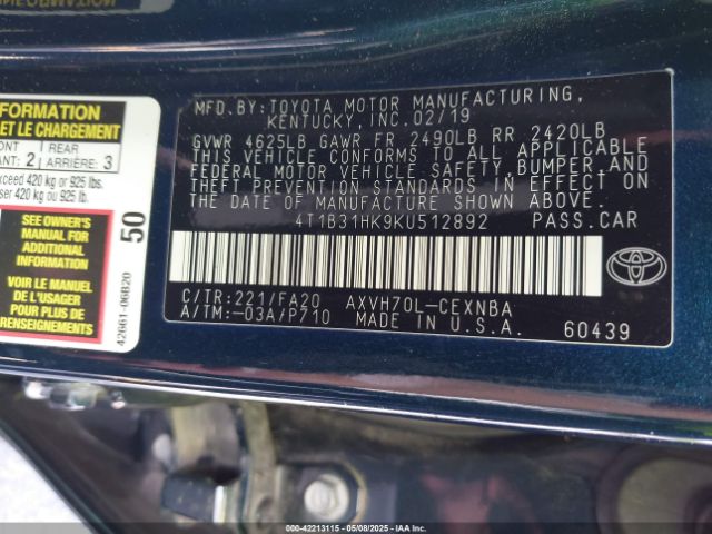 4T1B31HK9KU512892 Toyota Camry Hybrid Le