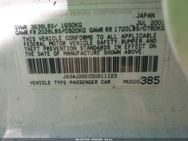 2002 MITSUBISHI LANCER JA3AJ26E02U011123 Photo 8