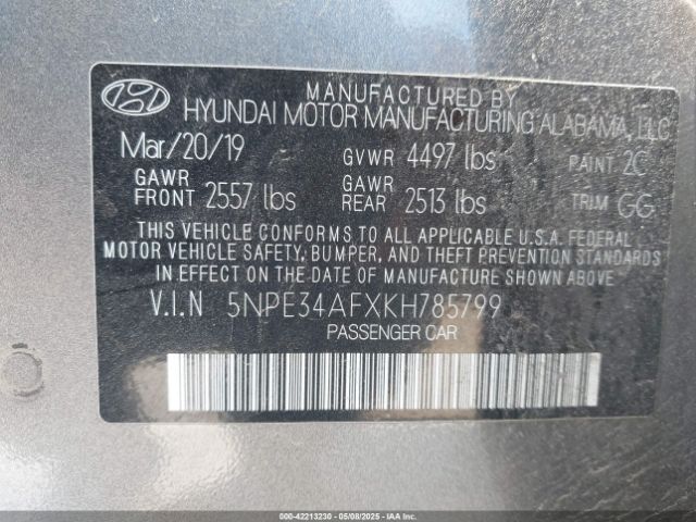5NPE34AFXKH785799 Hyundai SONATA SEL