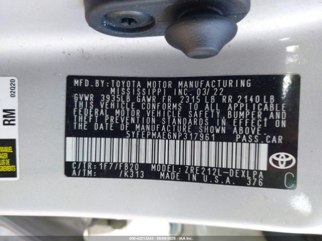 5YFEPMAE6NP317961 Toyota COROLLA LE
