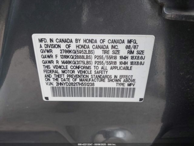 2007 ACURA MDX 2HNYD28217H551238 Photo 8