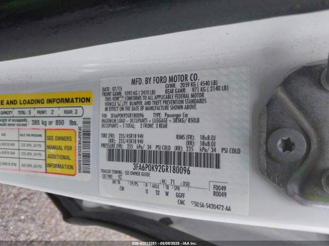 3FA6P0K92GR180096 Ford Fusion Titanium