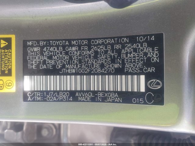 JTHBW1GG2F2084270 Lexus ES 300H