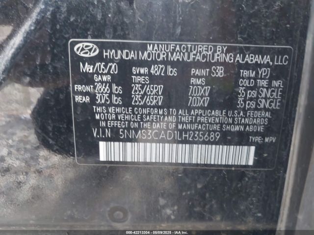 5NMS3CAD1LH235689 Hyundai Santa Fe Sel