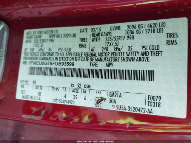 1FMCU0G75FUB93599 Ford ESCAPE SE