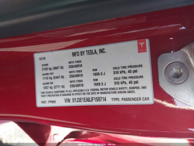 5YJ3E1EA8JF159714 Tesla Model 3 Long Range/mid Range