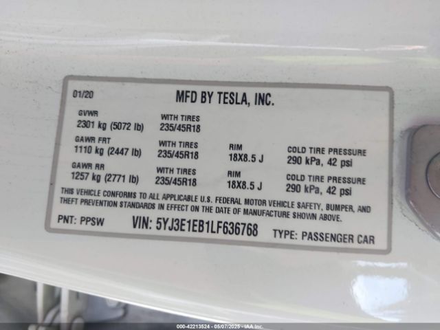 5YJ3E1EB1LF636768 Tesla Model 3 Long Range Dual Motor All-wheel Drive