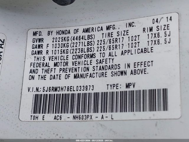 5J6RM3H78EL033973 Honda Cr-v Ex-l
