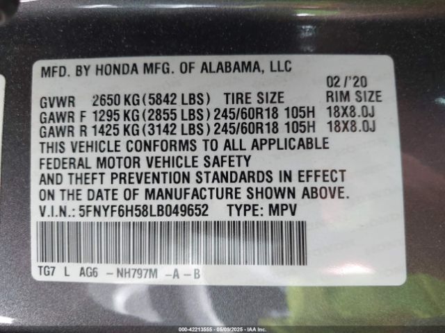 5FNYF6H58LB049652 Honda Pilot Awd Ex-l