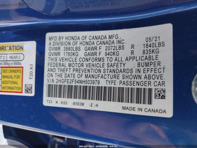 2022 HONDA CIVIC 2HGFE2F54NH503979 Photo 8