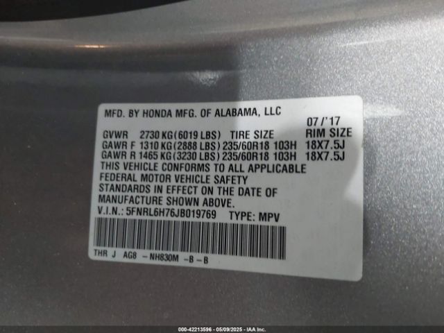 5FNRL6H76JB019769 Honda Odyssey Ex-l