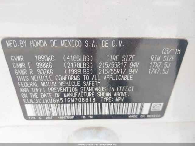 3CZRU6H51GM706619 Honda HR-V EX