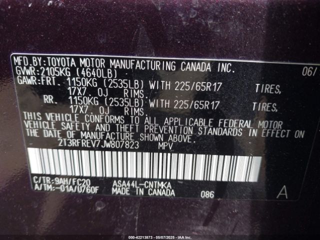 2T3RFREV7JW807823 Toyota Rav4 Xle