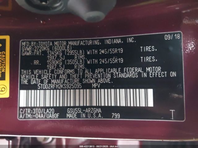 5TDDZRFH2KS925095 Toyota Highlander Limited Platinum