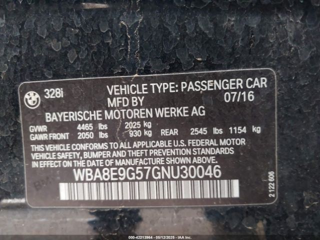 WBA8E9G57GNU30046 BMW 328I